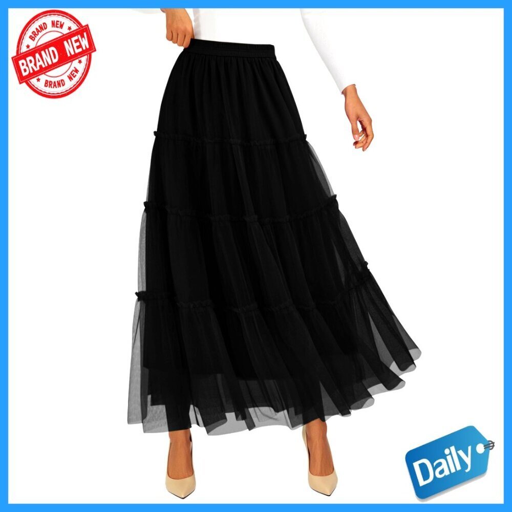 Maxi Skirt with Elastic Waist, Tiered Tulle, A-Line Style for Casual Wear